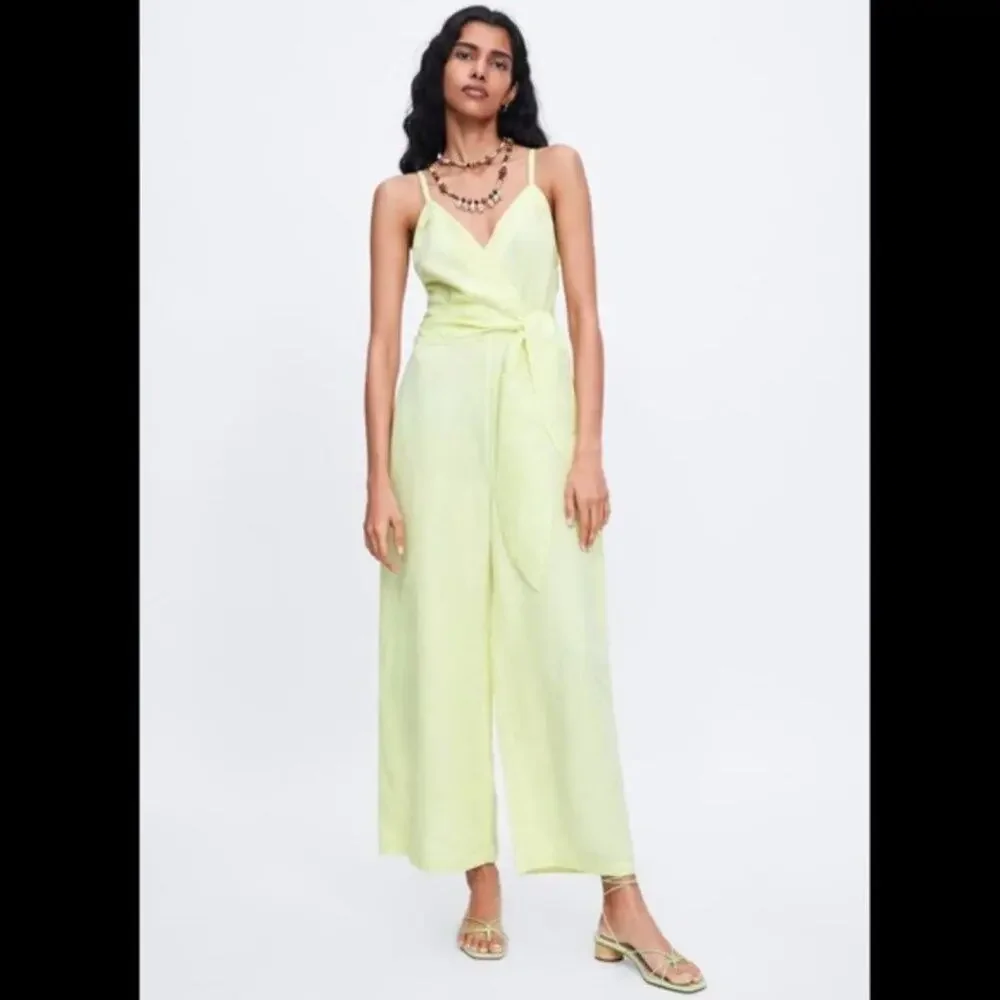 Zara Alika linen blend wide leg wrap front jumpsuit sz S